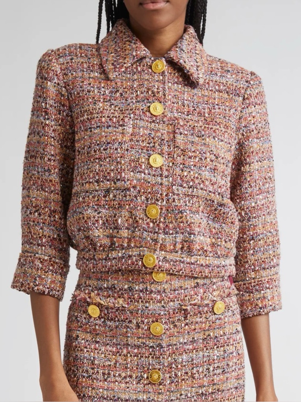 L'AGENCE Jia Tweed Crop Jacket Mauve Tan Gold Button 1884PVJ Womens 0 NWT